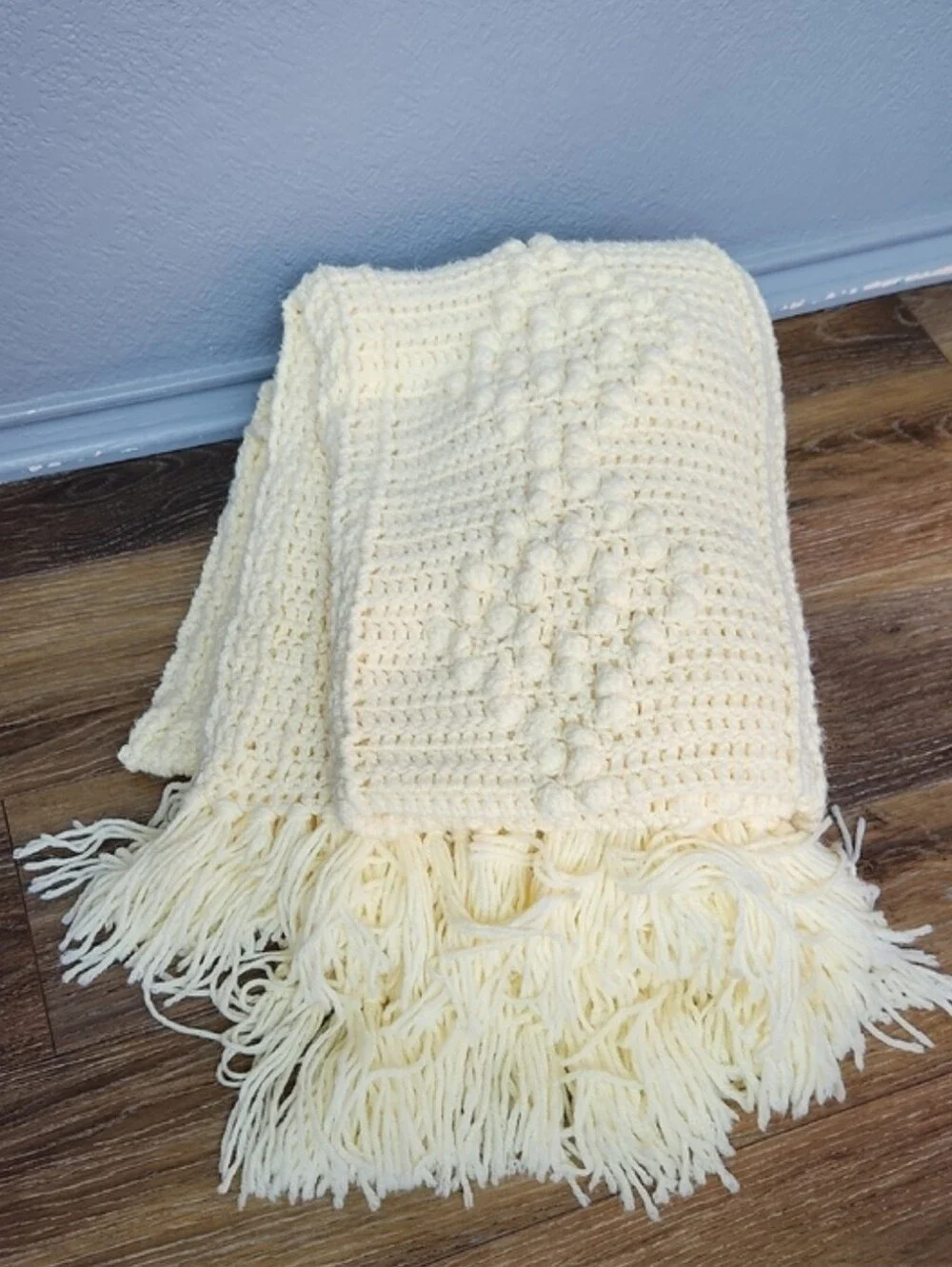 Handmade Crochet Diamond Bobble Popcorn Blanket Cream